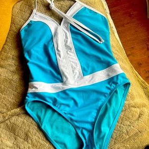 Turquoise and white one piece swimsuit